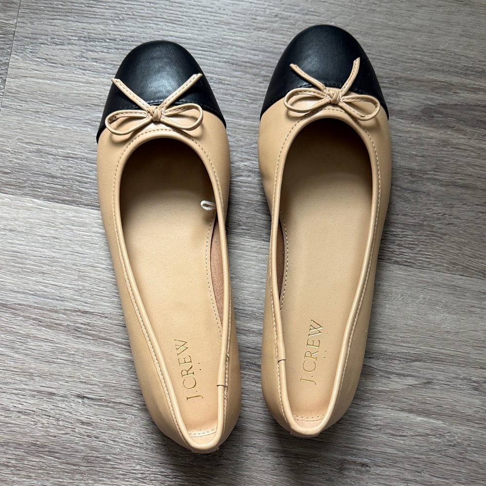 J. Crew Beige Ballet Flats with Black Cap Toe and Bow